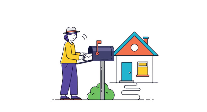 Stylized illustration showcasing a character posting a letter at their home mailbox with simple design elements and pastel color schemes