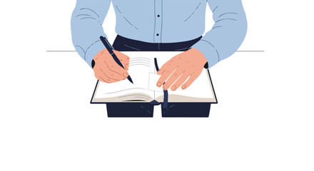 Person meticulously recording notes in an open notebook with a refined pen, crafting thoughtful entries and structuring ideas on a blank page