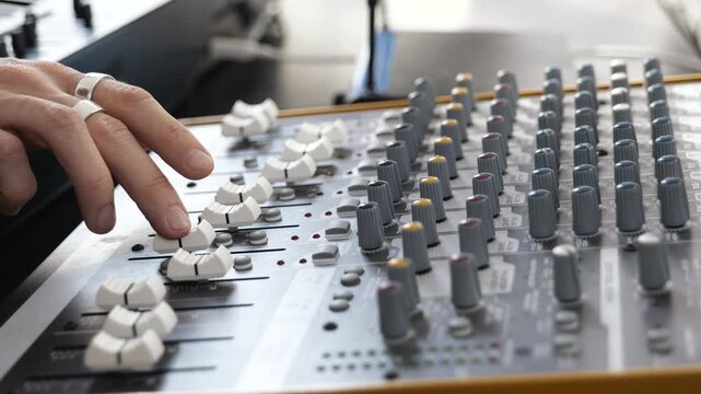 Young man in sound recording studio. Close up video man's left hand using mixing console and fixing sound. Professional recording.