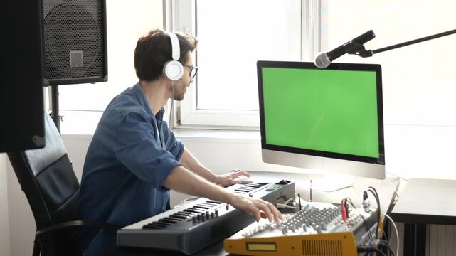 Young man in sound recording studio. Guy working with computer and music mixing console. Green digital screen. Workinng with professional music equipment. Playing on keyboard.