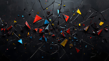 A shattered geometric pattern with sharp fragments of bright, contrasting colors scattered across a dark void, representing heartbreak or brokenness.
