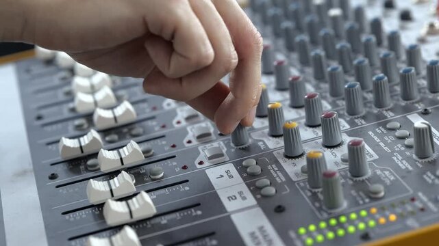 Young man in sound recording studio. Close up and cut view slow motion. Working with mixing music console equipment.