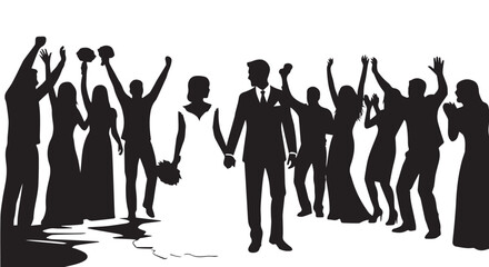 Black Silhouette Vector of Wedding Couple and Celebrating Guests