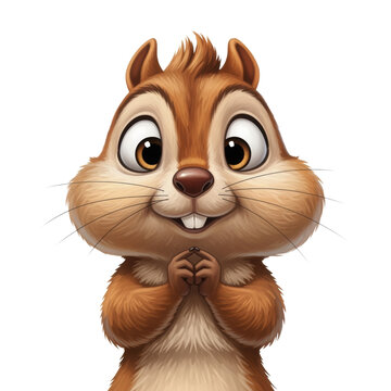 Happy cartoon chipmunk with bulging cheeks and shy pose, cute woodland animal character design