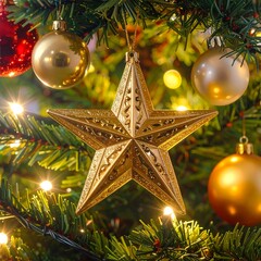 Golden Christmas Star Ornament on a Tree.