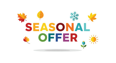 Fototapeta premium Vibrant seasonal offer promotion with stylized autumn leaves, snowflake, sun and flower icons arranged on a white background presenting special deals