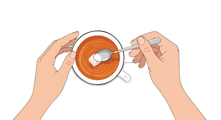 Top-view depiction of adding and stirring sugar into a cup of tea with gentle hands, conveying a moment of serenity and simple pleasure with