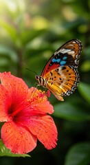 Fototapeta premium Butterfly on red flower with green foliage and sunlight background
