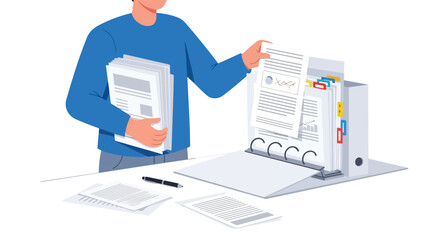 Illustrative professional organizing documents into a binder for efficiency and archival purposes meticulous compilation project management office