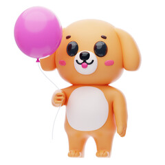 Dog Character Holding Balloon 3D Illustration.