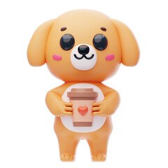 Dog Character Holding A Coffee Cup 3D Illustration.