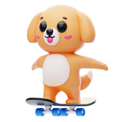 Dog Character Riding A Skateboard 3D Illustration.