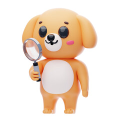 Dog Character Using A Magnifying Glass 3D Illustration.
