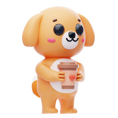 Dog Character Holding A Coffee Cup 3D Illustration.