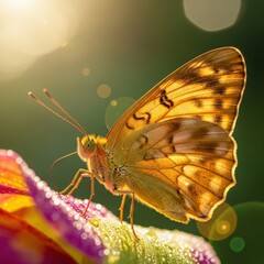 Golden butterfly perched on colorful flower petals under sunlight