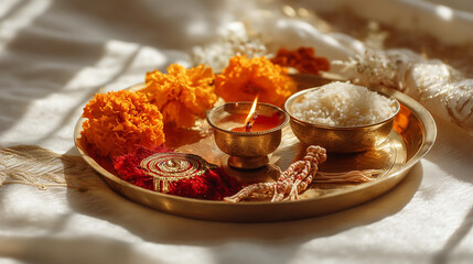 Bhai Dooj Festival Thali With Diyas, Sweets, And Roli Chawal On Golden Plate, Celebrating Indian Tradition Of Sibling Bond With Sacred Rituals And Festive Ambiance