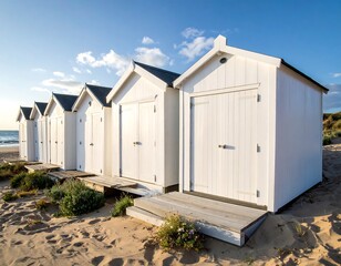 Obraz premium Row of bright white beach huts stands on the sandy shore, bathed in morning light.