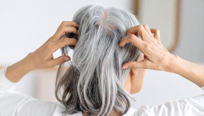 Fototapeta premium 白髪交じりの頭を掻く、マッサージする高齢者の後ろ姿のクローズアップ 