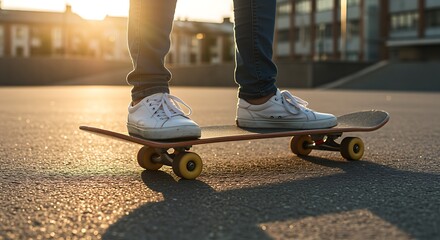 Person standing on skateboard with white sneakers in golden hour sunlight skateboarding feet