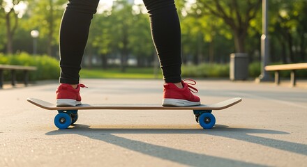 Person wearing red sneakers standing on skateboard in park skating legs