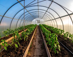 Inside a greenhouse, rows of young pepper plants thrive in rich soil under a translucent roof.