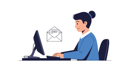 Professional woman sending email and managing communication using computer technology for business purposes with a positive outlook