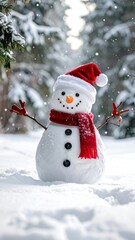 Fototapeta premium A happy snowman stands in a snowy forest wearing a red hat and scarf, surrounded by falling snowflakes during the winter.