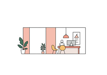 Minimalist Office Illustration with Desk and Plants.