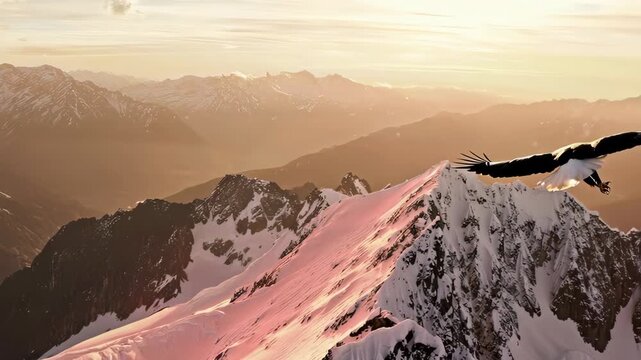 A bald eagle flying over a stunning mountain range during a golden sunrise. A symbol of freedom and nature's power. Perfect for nature-themed projects.
