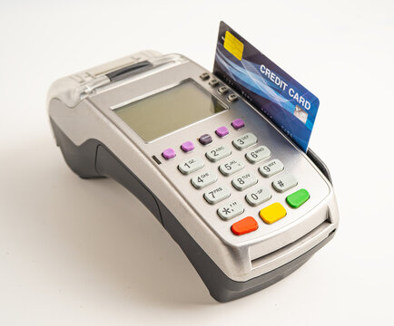 Payment POS terminal isolated on white background with colpy space, technology for finance and shopping business.