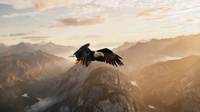 A bald eagle flying over a stunning mountain range during a golden sunrise. A symbol of freedom and nature's power. Perfect for nature-themed projects.