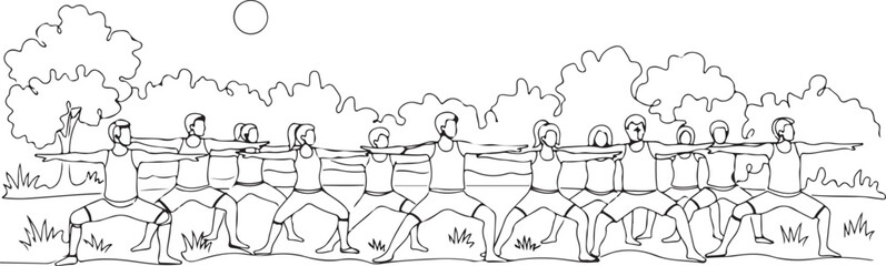 Black and White Line Drawing of People Practicing Yoga Outdoors
