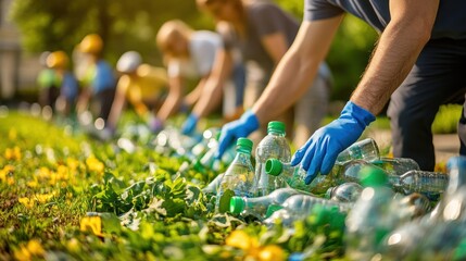 Group of volunteers, diverse age and ethnicity, participating in outdoor community cleanup event collecting plastic bottles and trash in a park du sunny day