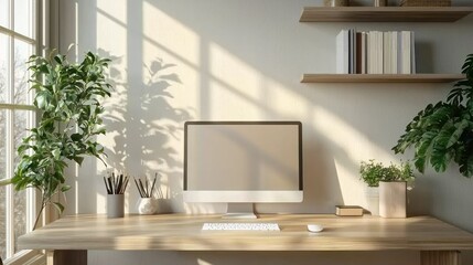 Fototapeta premium Modern home office workspace with sleek desktop computer on wooden desk cozy natural sunlight streaming through window potted plants and minimalist decor