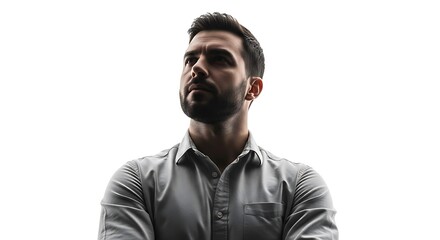 Obraz premium A thoughtful man with a beard looks upwards with his arms crossed against a bright white background conveying contemplation and determination