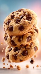 Flying cookies and crumbs with melted chocolate details on warm background