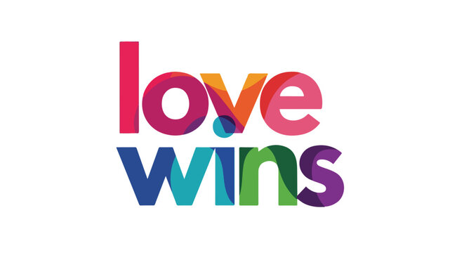 Bold and Colorful 'Love Wins' Typography Design with Overlapping Letters on a White Background conveying unity and support
