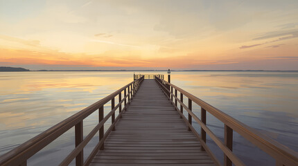 Obraz premium Sunset over wooden pier on calm ocean coast with clouds and island on horizon