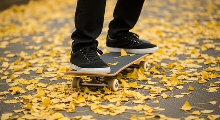 Person skateboarding on asphalt pavement covered with golden yellow autumn leaves wearing black canvas sneakers and dark pants