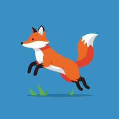 Fototapeta premium Cartoon Fox Leaping Over Grass, Isolated on Blue Background.