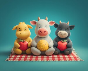 Cute cartoon animals enjoying fruits on a picnic blanket.