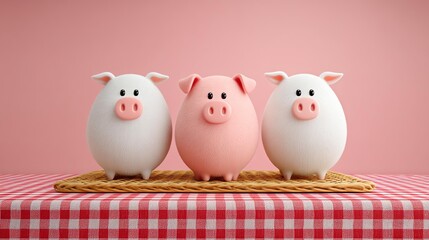 Cute cartoon pig figurines on a checkered tablecloth setting.