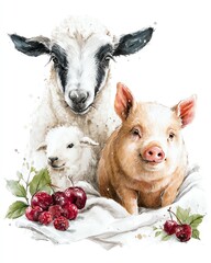 A charming illustration of farm animals with cherries.