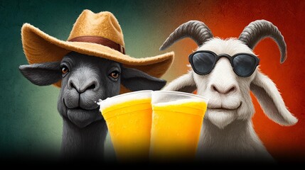 Two goats enjoying drinks in a fun and relaxed environment.