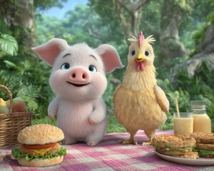 A cheerful pig and chicken enjoying a picnic in a lush forest.