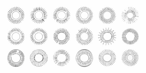 Collection of diverse sunburst and radial designs with varying spoke styles and line weights