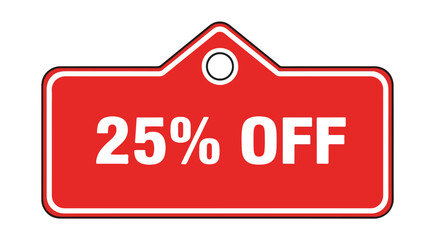 Bright red promotional sale tag featuring a 25 percent off discount offer for store and online shopping