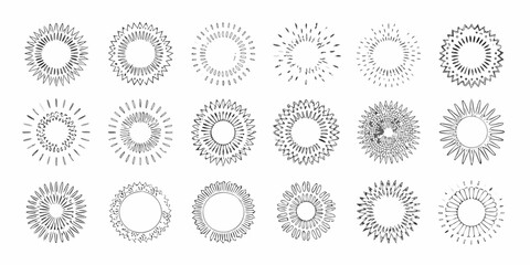 Collection of hand drawn starburst sunburst and radial burst elements in black and white