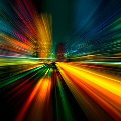 Vibrant abstract cityscape streaks with dynamic light trails creating a sense of high speed and futuristic energy