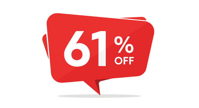 Promotional offer with sixty-one percent discount on a red speech bubble against a plain white background for advertising promotion
